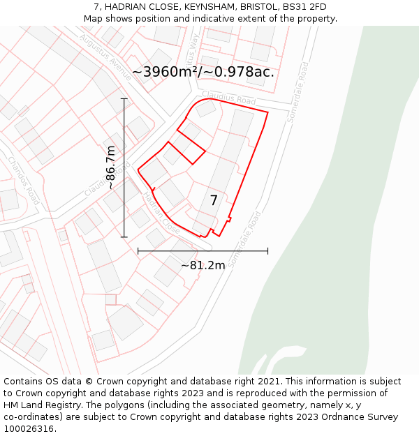 7, HADRIAN CLOSE, KEYNSHAM, BRISTOL, BS31 2FD: Plot and title map