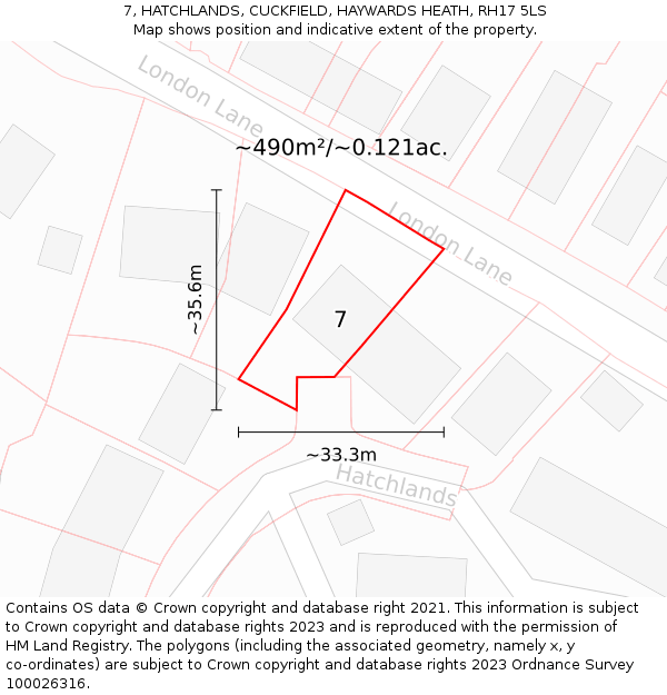 7, HATCHLANDS, CUCKFIELD, HAYWARDS HEATH, RH17 5LS: Plot and title map