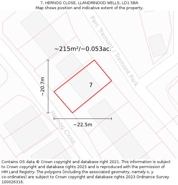 7, HERNOG CLOSE, LLANDRINDOD WELLS, LD1 5BA: Plot and title map