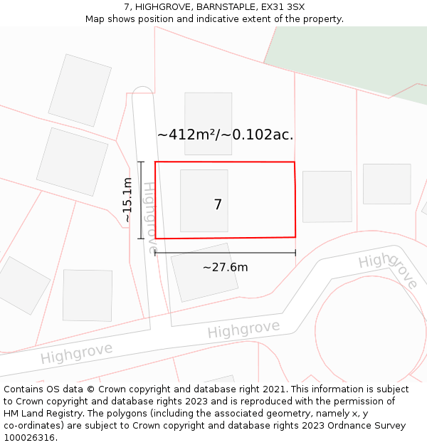 7, HIGHGROVE, BARNSTAPLE, EX31 3SX: Plot and title map