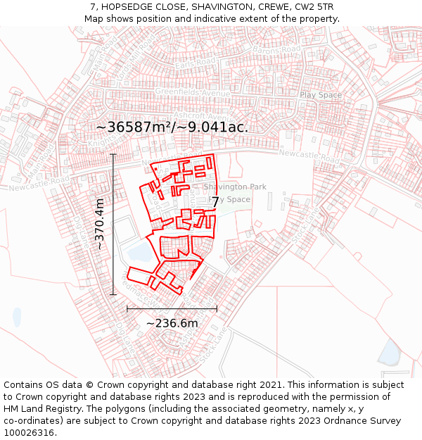 7, HOPSEDGE CLOSE, SHAVINGTON, CREWE, CW2 5TR: Plot and title map