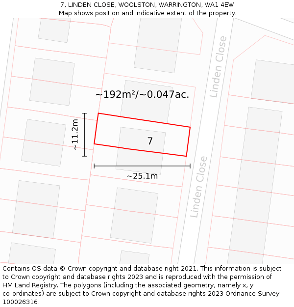 7, LINDEN CLOSE, WOOLSTON, WARRINGTON, WA1 4EW: Plot and title map