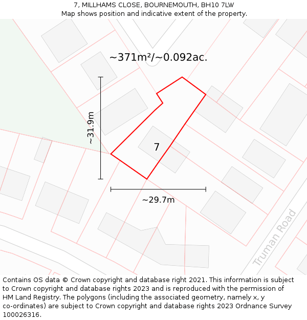 7, MILLHAMS CLOSE, BOURNEMOUTH, BH10 7LW: Plot and title map
