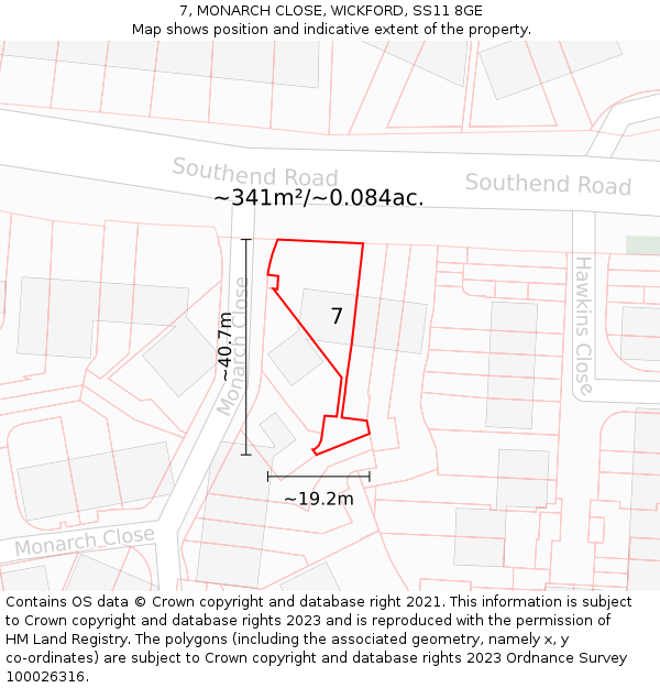 7, MONARCH CLOSE, WICKFORD, SS11 8GE: Plot and title map