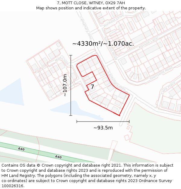 7, MOTT CLOSE, WITNEY, OX29 7AH: Plot and title map