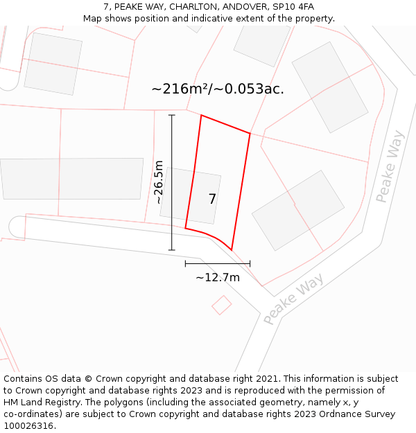 7, PEAKE WAY, CHARLTON, ANDOVER, SP10 4FA: Plot and title map