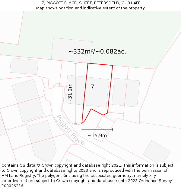 7, PIGGOTT PLACE, SHEET, PETERSFIELD, GU31 4FF: Plot and title map