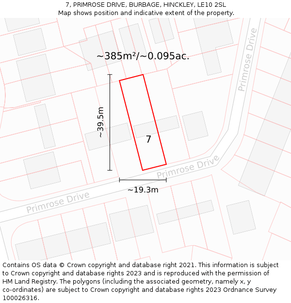 7, PRIMROSE DRIVE, BURBAGE, HINCKLEY, LE10 2SL: Plot and title map