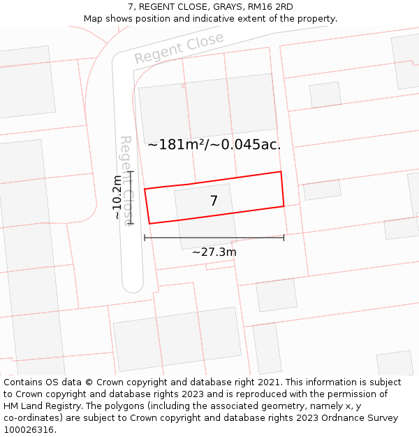 7, REGENT CLOSE, GRAYS, RM16 2RD: Plot and title map