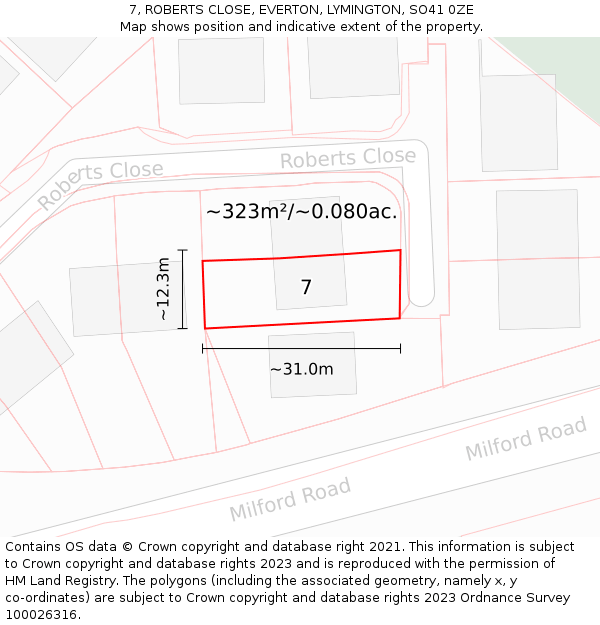 7, ROBERTS CLOSE, EVERTON, LYMINGTON, SO41 0ZE: Plot and title map
