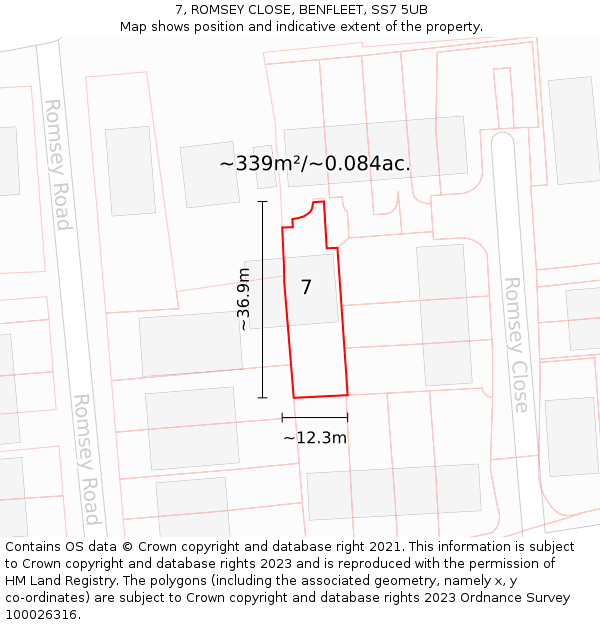 7, ROMSEY CLOSE, BENFLEET, SS7 5UB: Plot and title map