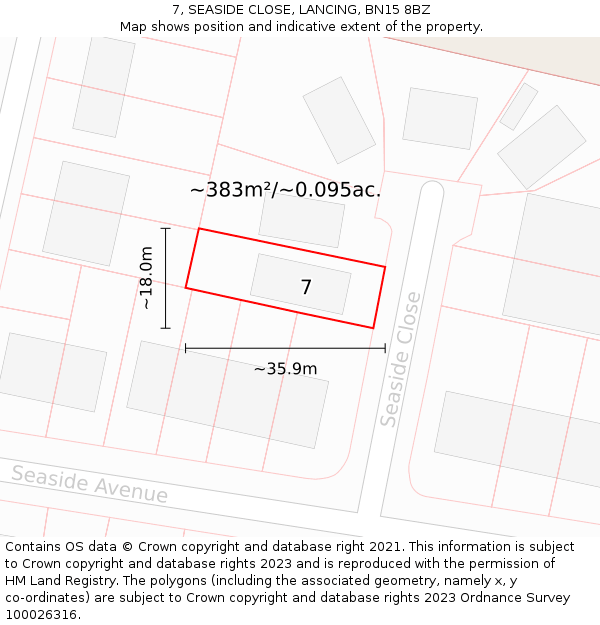 7, SEASIDE CLOSE, LANCING, BN15 8BZ: Plot and title map