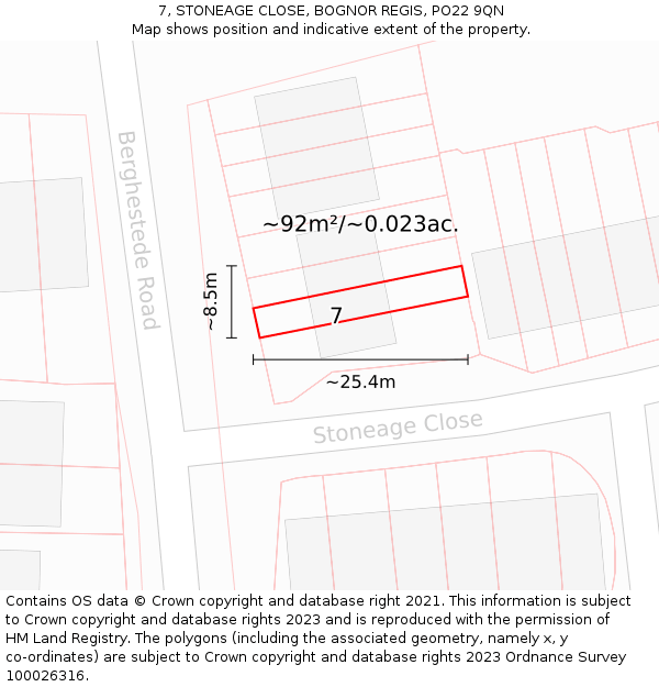 7, STONEAGE CLOSE, BOGNOR REGIS, PO22 9QN: Plot and title map