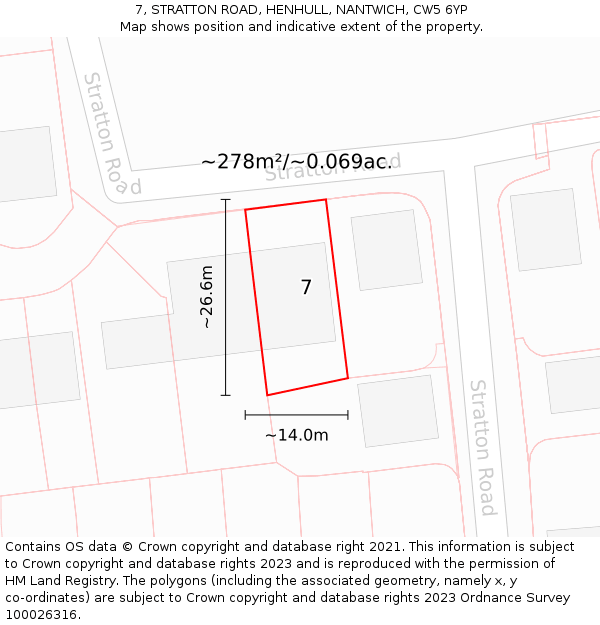 7, STRATTON ROAD, HENHULL, NANTWICH, CW5 6YP: Plot and title map