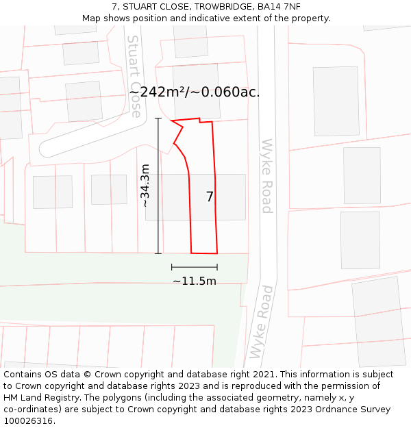 7, STUART CLOSE, TROWBRIDGE, BA14 7NF: Plot and title map