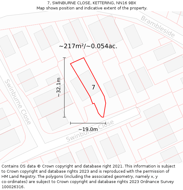 7, SWINBURNE CLOSE, KETTERING, NN16 9BX: Plot and title map