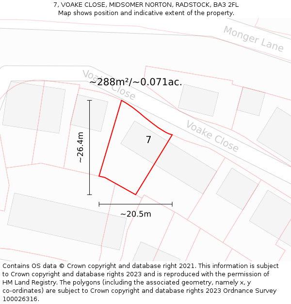 7, VOAKE CLOSE, MIDSOMER NORTON, RADSTOCK, BA3 2FL: Plot and title map