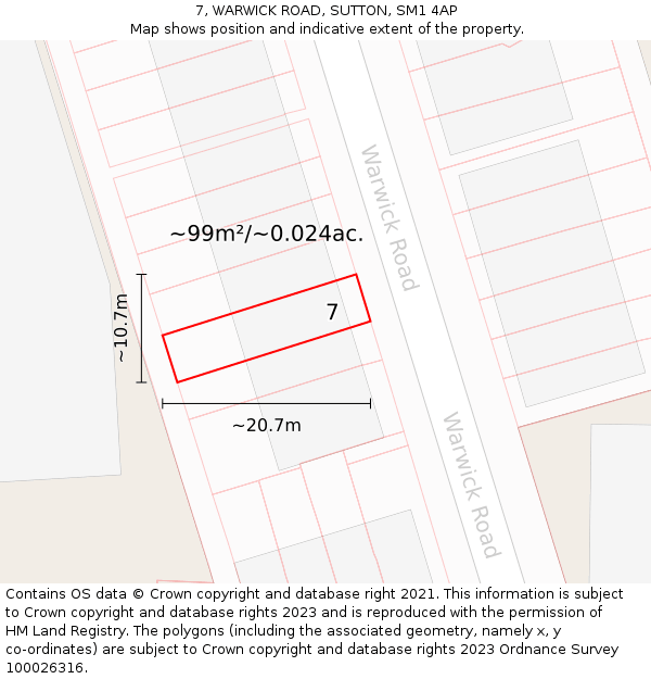 7, WARWICK ROAD, SUTTON, SM1 4AP: Plot and title map