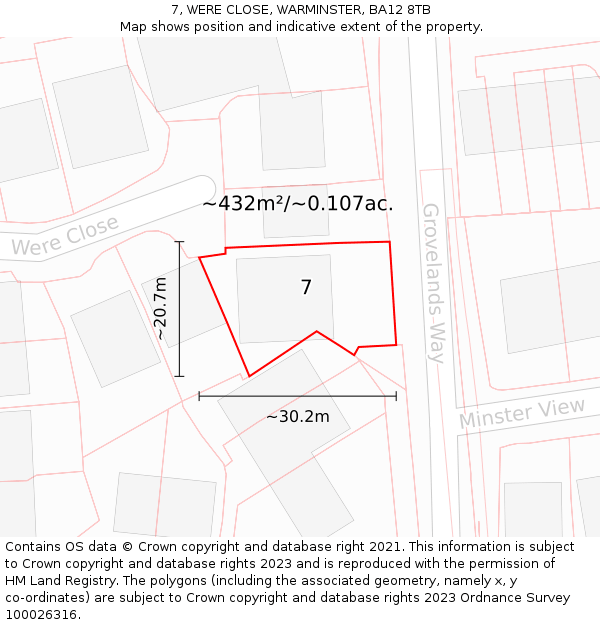 7, WERE CLOSE, WARMINSTER, BA12 8TB: Plot and title map