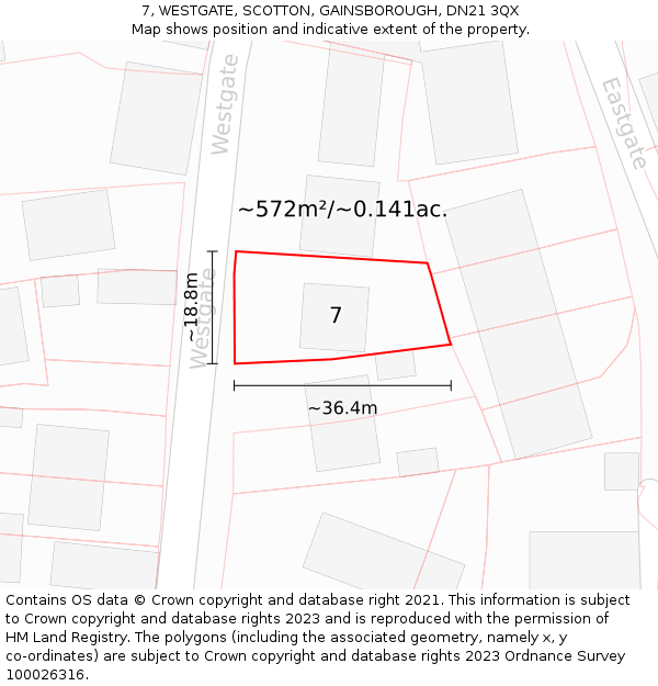 7, WESTGATE, SCOTTON, GAINSBOROUGH, DN21 3QX: Plot and title map