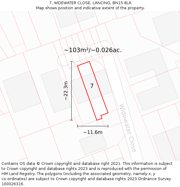 7, WIDEWATER CLOSE, LANCING, BN15 8LA: Plot and title map