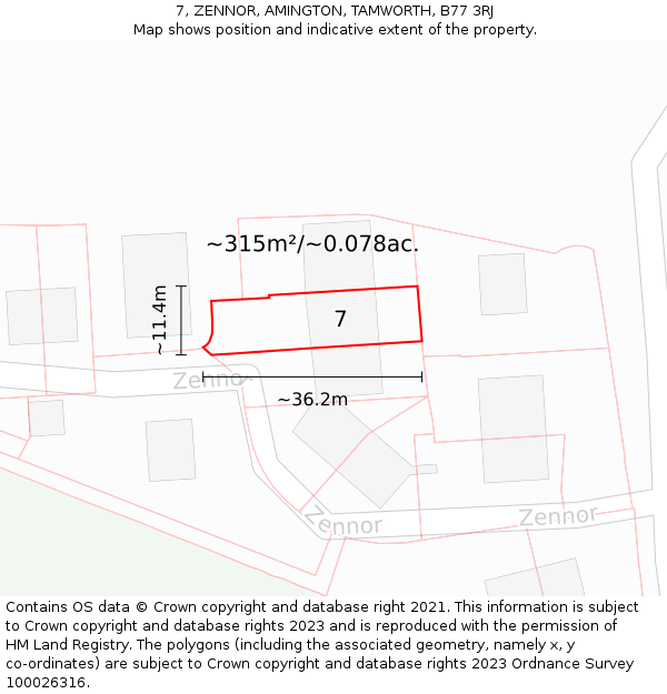 7, ZENNOR, AMINGTON, TAMWORTH, B77 3RJ: Plot and title map
