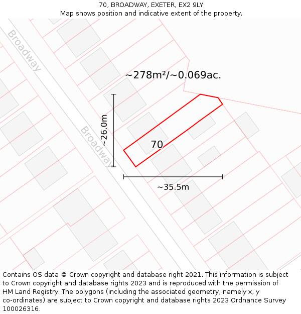 70, BROADWAY, EXETER, EX2 9LY: Plot and title map