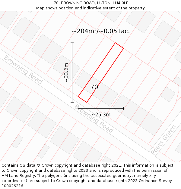 70, BROWNING ROAD, LUTON, LU4 0LF: Plot and title map