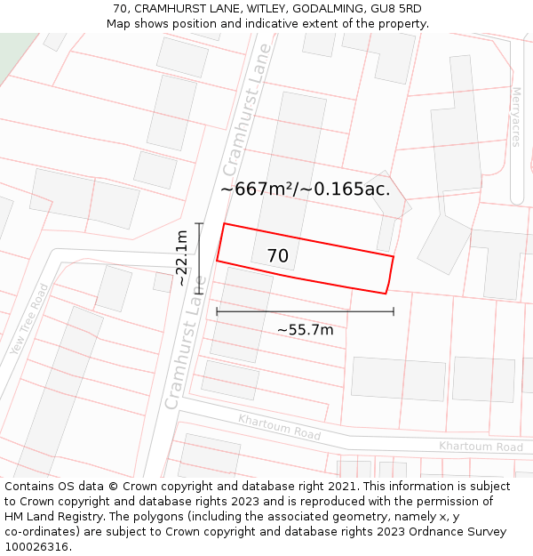 70, CRAMHURST LANE, WITLEY, GODALMING, GU8 5RD: Plot and title map