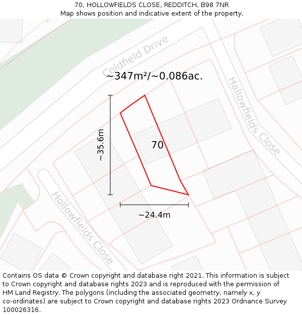 70, HOLLOWFIELDS CLOSE, REDDITCH, B98 7NR: Plot and title map