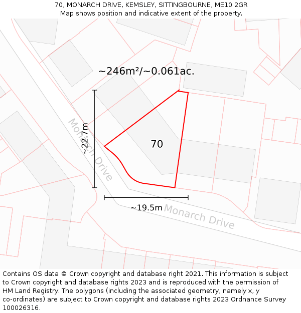 70, MONARCH DRIVE, KEMSLEY, SITTINGBOURNE, ME10 2GR: Plot and title map