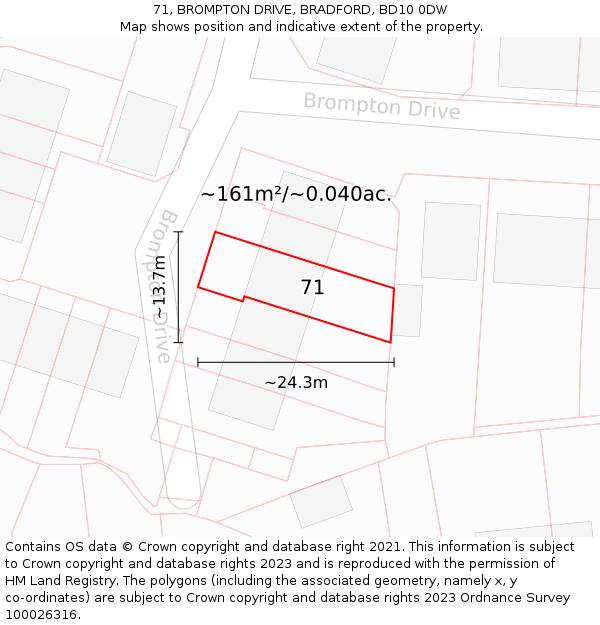 71, BROMPTON DRIVE, BRADFORD, BD10 0DW: Plot and title map