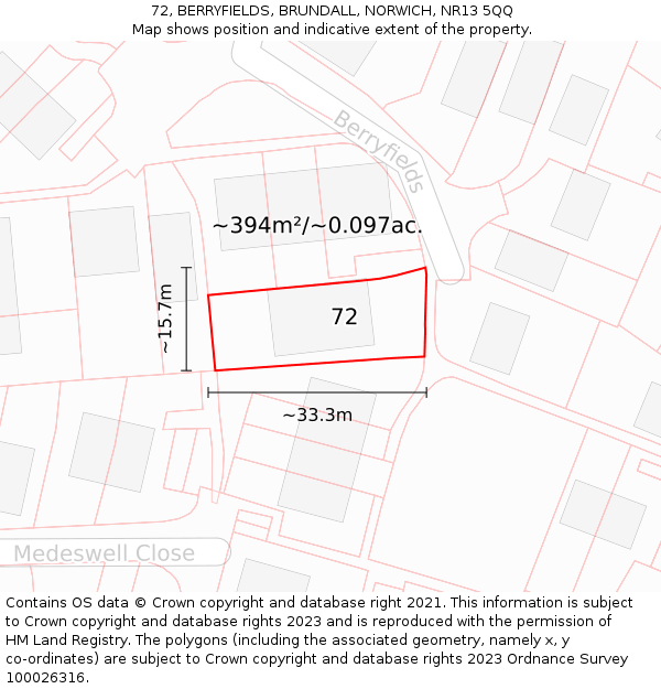 72, BERRYFIELDS, BRUNDALL, NORWICH, NR13 5QQ: Plot and title map