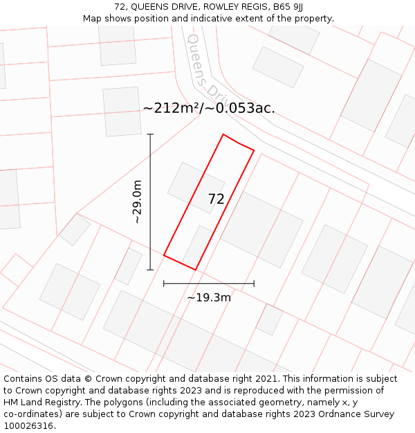72, QUEENS DRIVE, ROWLEY REGIS, B65 9JJ: Plot and title map