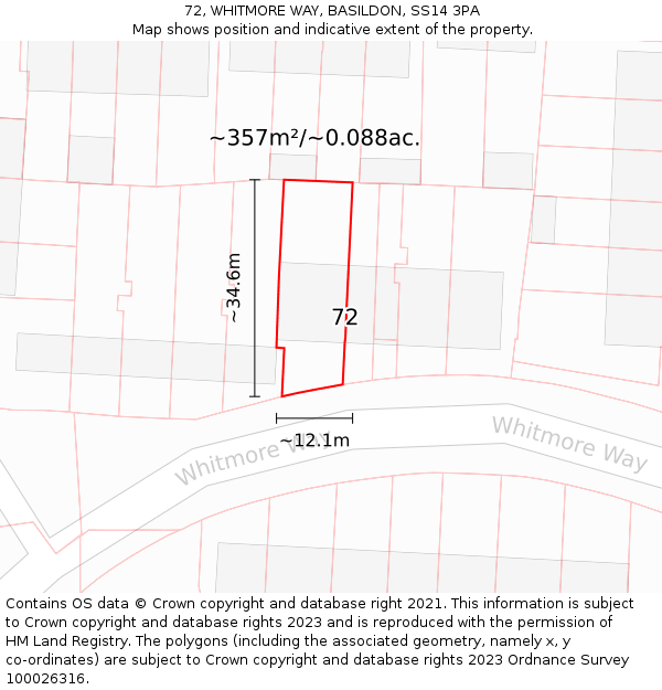 72, WHITMORE WAY, BASILDON, SS14 3PA: Plot and title map