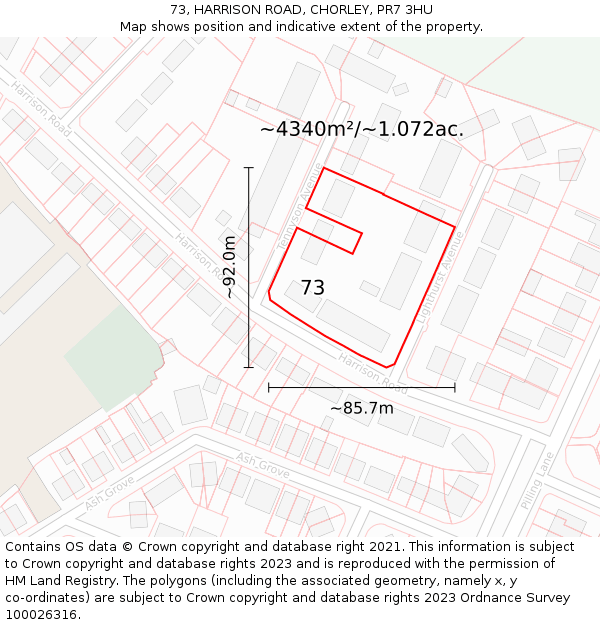 73, HARRISON ROAD, CHORLEY, PR7 3HU: Plot and title map