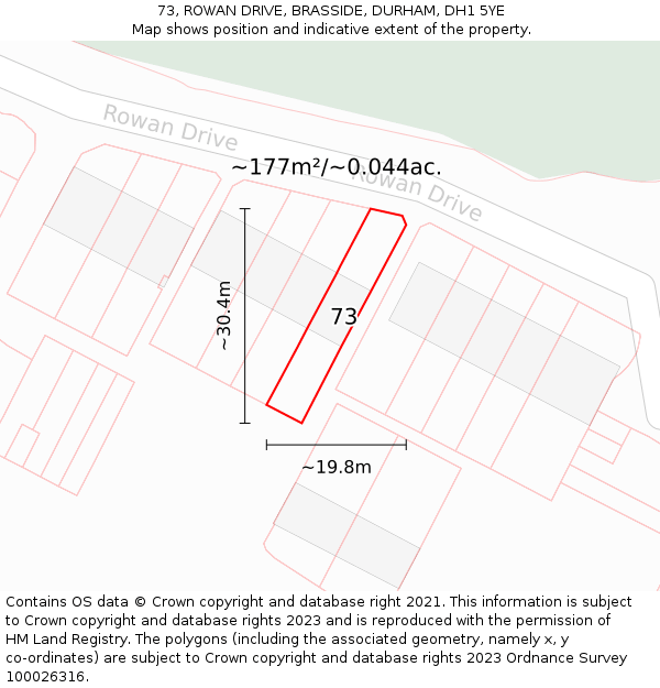 73, ROWAN DRIVE, BRASSIDE, DURHAM, DH1 5YE: Plot and title map