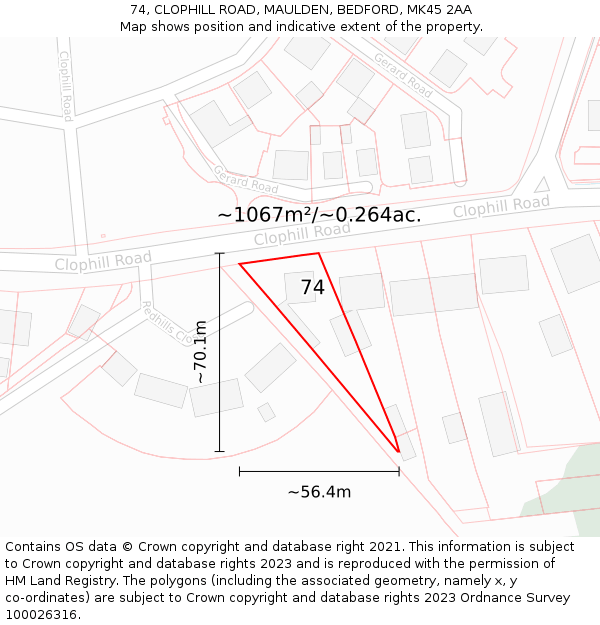 74, CLOPHILL ROAD, MAULDEN, BEDFORD, MK45 2AA: Plot and title map