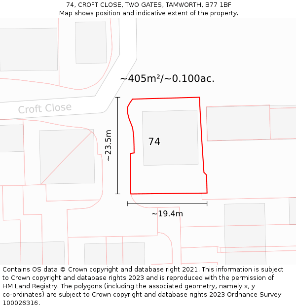 74, CROFT CLOSE, TWO GATES, TAMWORTH, B77 1BF: Plot and title map