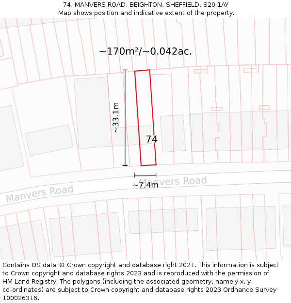 74, MANVERS ROAD, BEIGHTON, SHEFFIELD, S20 1AY: Plot and title map