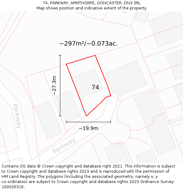 74, PARKWAY, ARMTHORPE, DONCASTER, DN3 3RL: Plot and title map