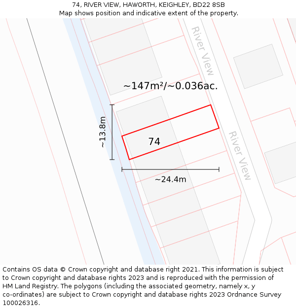 74, RIVER VIEW, HAWORTH, KEIGHLEY, BD22 8SB: Plot and title map