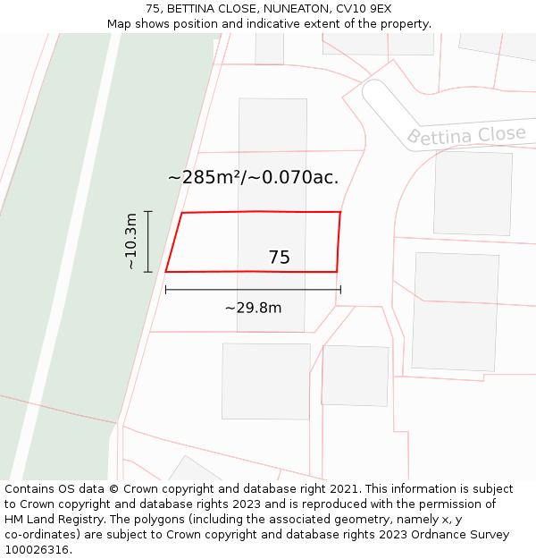 75, BETTINA CLOSE, NUNEATON, CV10 9EX: Plot and title map