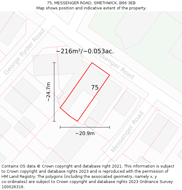 75, MESSENGER ROAD, SMETHWICK, B66 3EB: Plot and title map