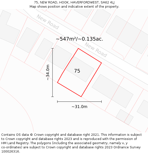 75, NEW ROAD, HOOK, HAVERFORDWEST, SA62 4LJ: Plot and title map