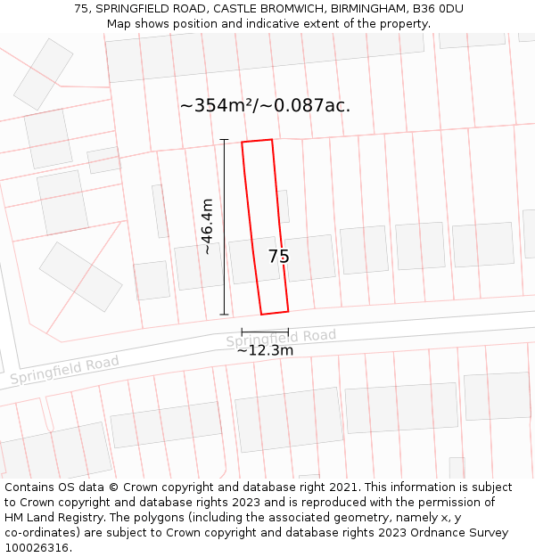 75, SPRINGFIELD ROAD, CASTLE BROMWICH, BIRMINGHAM, B36 0DU: Plot and title map