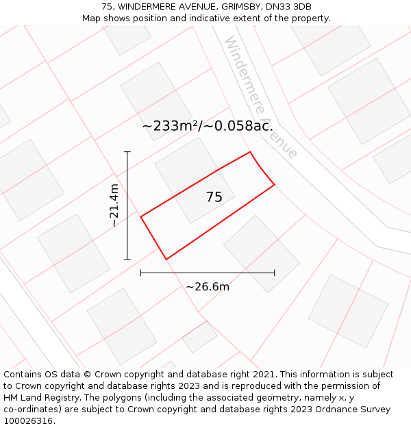 75, WINDERMERE AVENUE, GRIMSBY, DN33 3DB: Plot and title map
