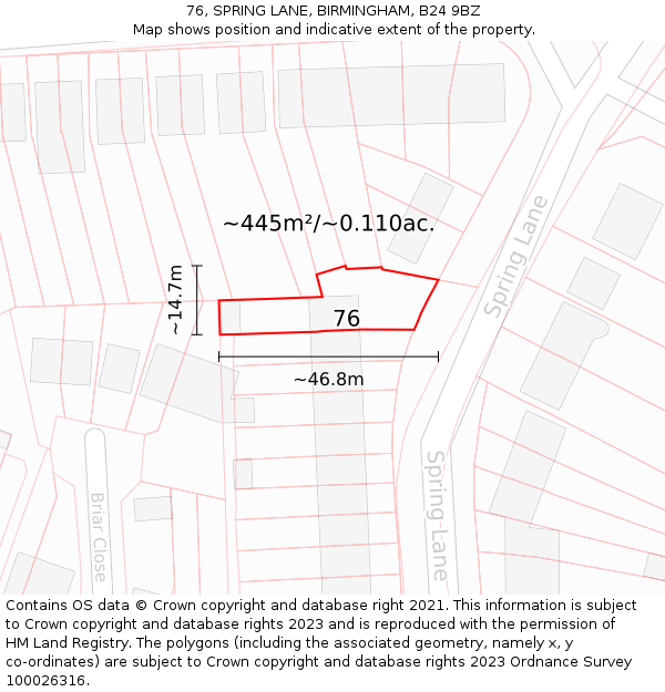 76, SPRING LANE, BIRMINGHAM, B24 9BZ: Plot and title map