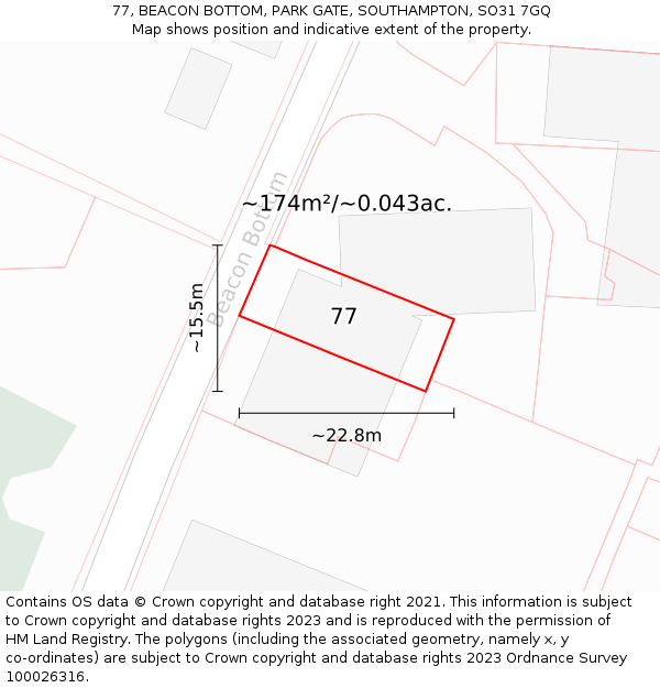 77, BEACON BOTTOM, PARK GATE, SOUTHAMPTON, SO31 7GQ: Plot and title map