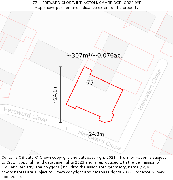 77, HEREWARD CLOSE, IMPINGTON, CAMBRIDGE, CB24 9YF: Plot and title map